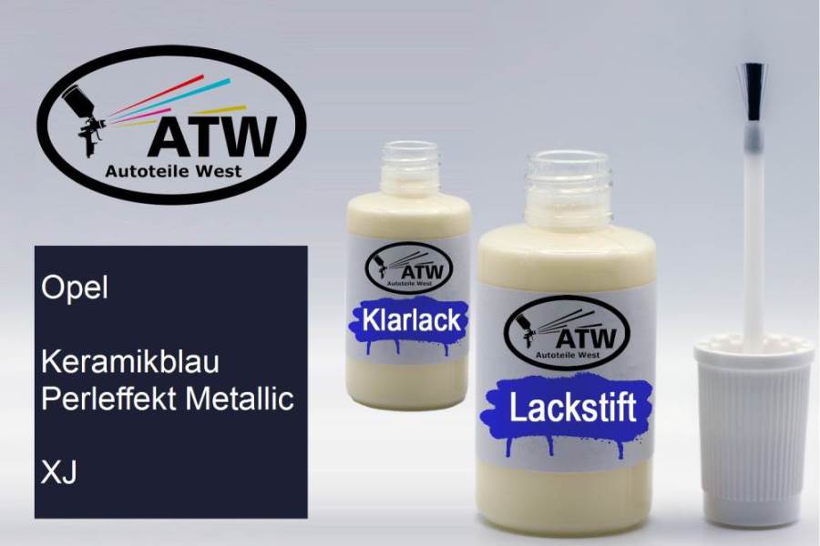 Opel, Keramikblau Perleffekt Metallic, XJ: 20ml Lackstift + 20ml Klarlack - Set, von ATW Autoteile West.